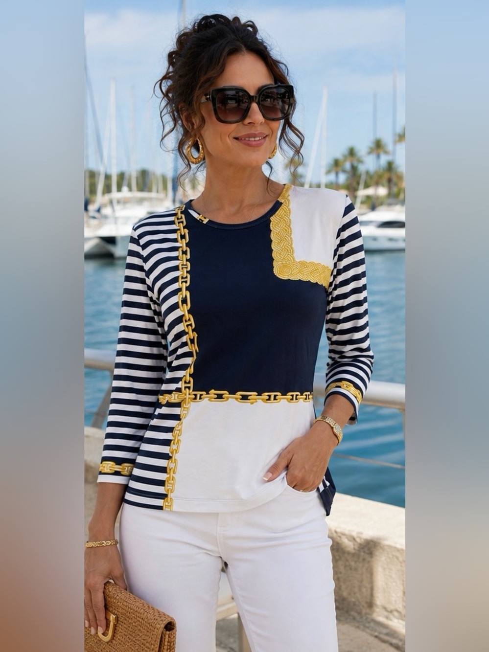 J. McLaughlin Nautical Chain Print Top Navy White Gold Size S EUC